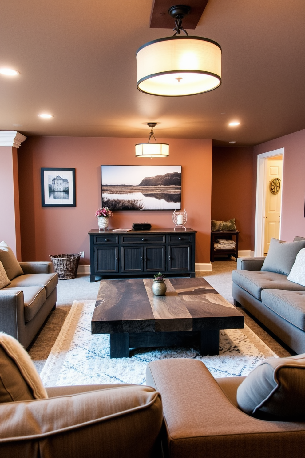 A cozy basement retreat featuring an artisan coffee table as the focal point. The coffee table is handcrafted with unique textures and finishes, surrounded by plush seating that invites relaxation. The walls are painted in warm earth tones, creating an inviting atmosphere. Soft lighting fixtures hang from the ceiling, casting a gentle glow over the space and enhancing the comfort of the area.