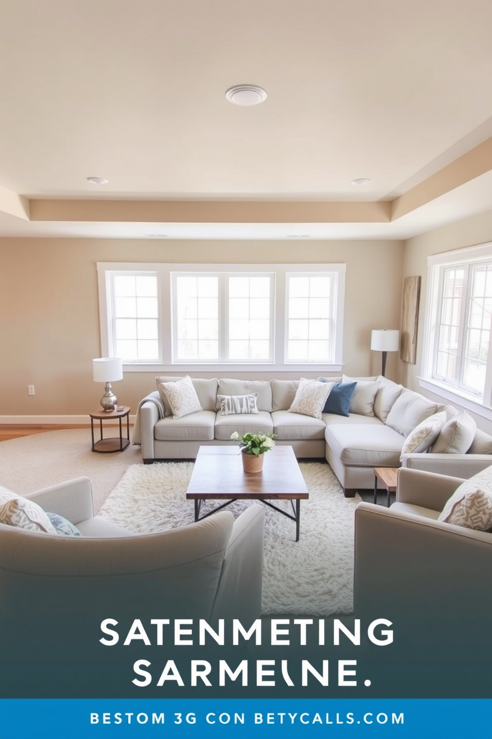 A serene basement retreat featuring a neutral color palette that promotes a calming atmosphere. Soft beige walls complement the light gray sectional sofa adorned with textured throw pillows, while a plush area rug anchors the seating area. Natural light filters in through large windows, enhancing the airy feel of the space. A wooden coffee table sits at the center, surrounded by cozy armchairs, creating an inviting spot for relaxation and entertainment.