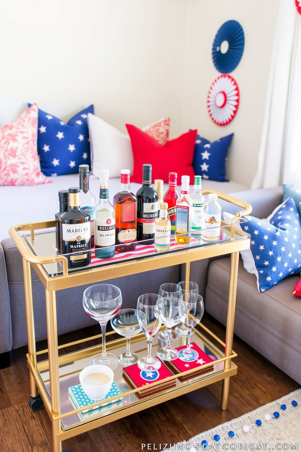 A personalized bar cart is elegantly arranged with an assortment of favorite drinks including premium spirits and artisanal mixers. The cart features a sleek design with gold accents and is adorned with stylish glassware and decorative coasters. For Labor Day basement decorating ideas, the space is transformed into a cozy retreat with comfortable seating and vibrant throw pillows. Festive decorations in red, white, and blue create a welcoming atmosphere perfect for gatherings and celebrations.