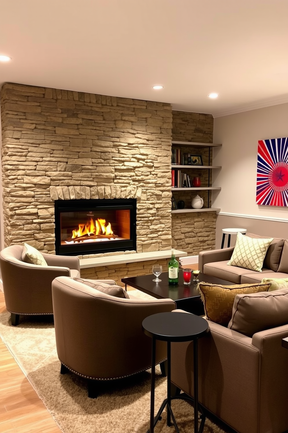 Cozy fireplace for warmth and comfort. The fireplace is built into a stone wall, surrounded by a comfortable seating area with plush armchairs and a soft area rug. Labor Day Basement Decorating Ideas. The basement features a modern bar area with high stools, a large sectional sofa, and vibrant artwork that adds a festive touch to the space.