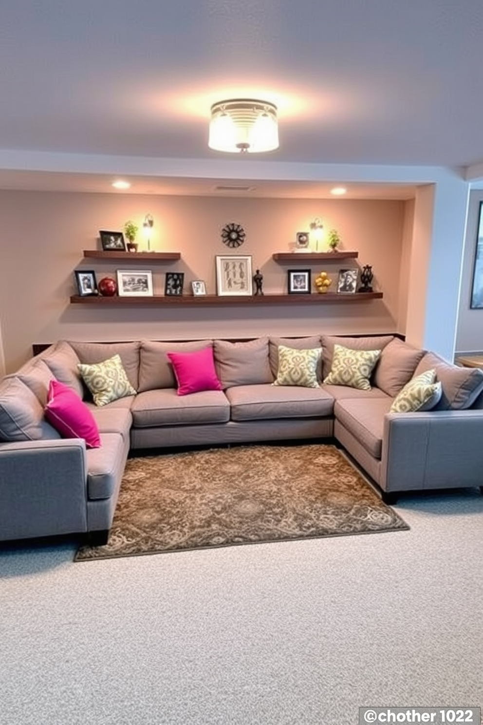 A stylish sectional sofa is positioned in the center of the basement, providing ample seating for family gatherings. The fabric is a soft gray with accent pillows in vibrant colors that add a pop of personality to the space. Surrounding the sofa, a cozy area rug defines the seating area, while warm lighting fixtures create an inviting atmosphere. Decorative shelves on the walls display family photos and decorative items, enhancing the overall comfort and style of the basement.