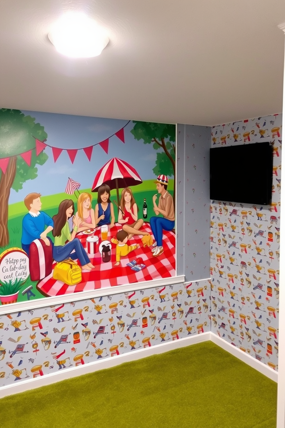 A vibrant mural depicting a festive Labor Day scene fills one wall of the basement, showcasing a picnic with friends and family enjoying food and drinks. The colors are bright and cheerful, creating a lively atmosphere that invites relaxation and celebration. On the opposite wall, a subtle wallpaper pattern features small, stylized tools and symbols associated with Labor Day, adding a touch of thematic decor without overwhelming the space. The overall design combines fun elements with a cozy feel, perfect for a gathering spot.