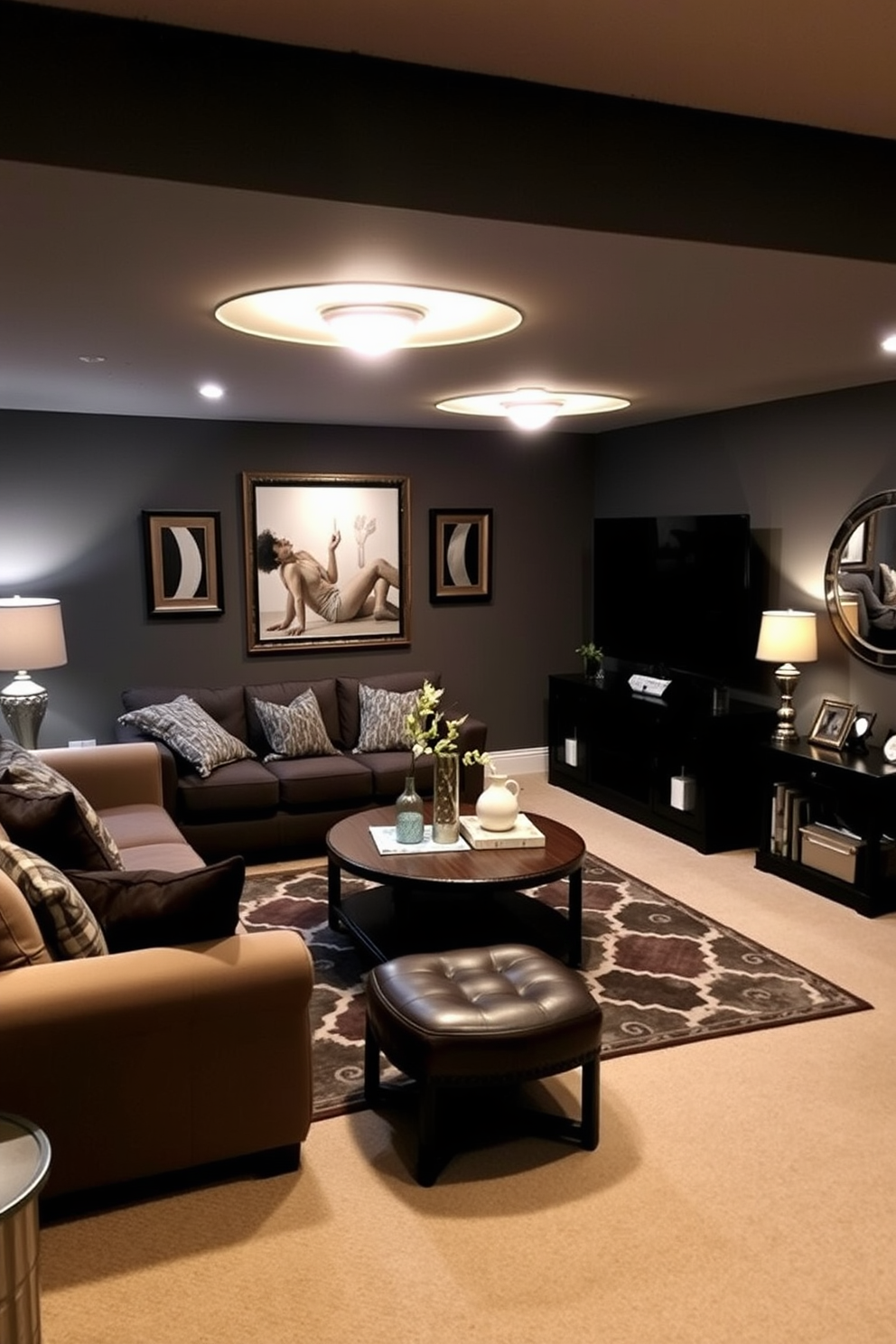 A cozy basement space designed for relaxation and entertainment. The room features mood lighting with dimmable fixtures that create a warm and inviting atmosphere. Soft seating arrangements are placed around a central coffee table, encouraging conversation. A stylish area rug anchors the space, while decorative accents add personality and charm.