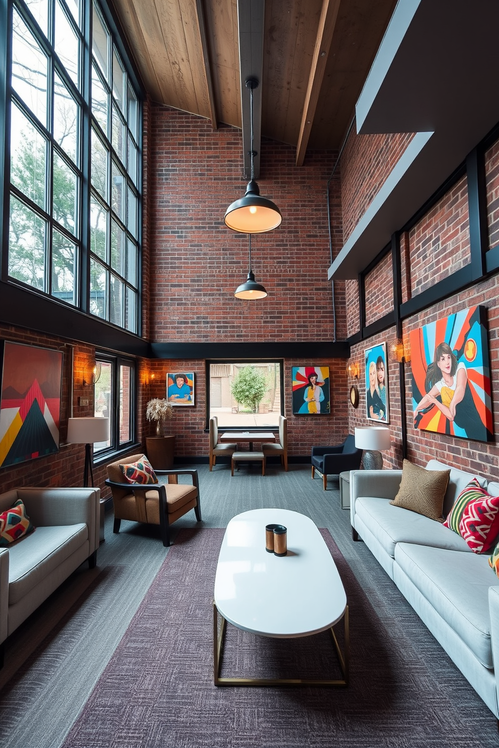 A stylish basement space featuring floor-to-ceiling windows that flood the room with natural light. The decor includes cozy seating arrangements, a sleek coffee table, and vibrant artwork adorning the walls. The design incorporates a mix of modern and rustic elements, with exposed brick walls and warm wood accents. Soft lighting fixtures create an inviting atmosphere perfect for relaxation and entertainment.