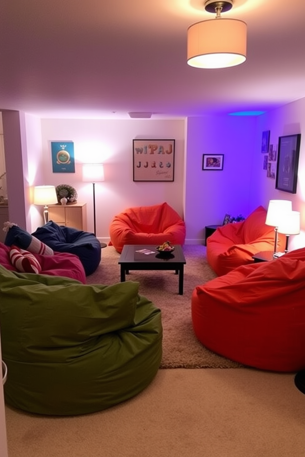 Comfortable bean bags in vibrant colors are scattered throughout the basement, creating a relaxed and inviting atmosphere. Soft lighting from floor lamps enhances the cozy feel, making it a perfect spot for casual gatherings. The walls are adorned with playful artwork and the floor features a plush area rug that adds warmth to the space. A small coffee table in the center provides a functional surface for snacks and drinks, completing the casual Labor Day basement decor.