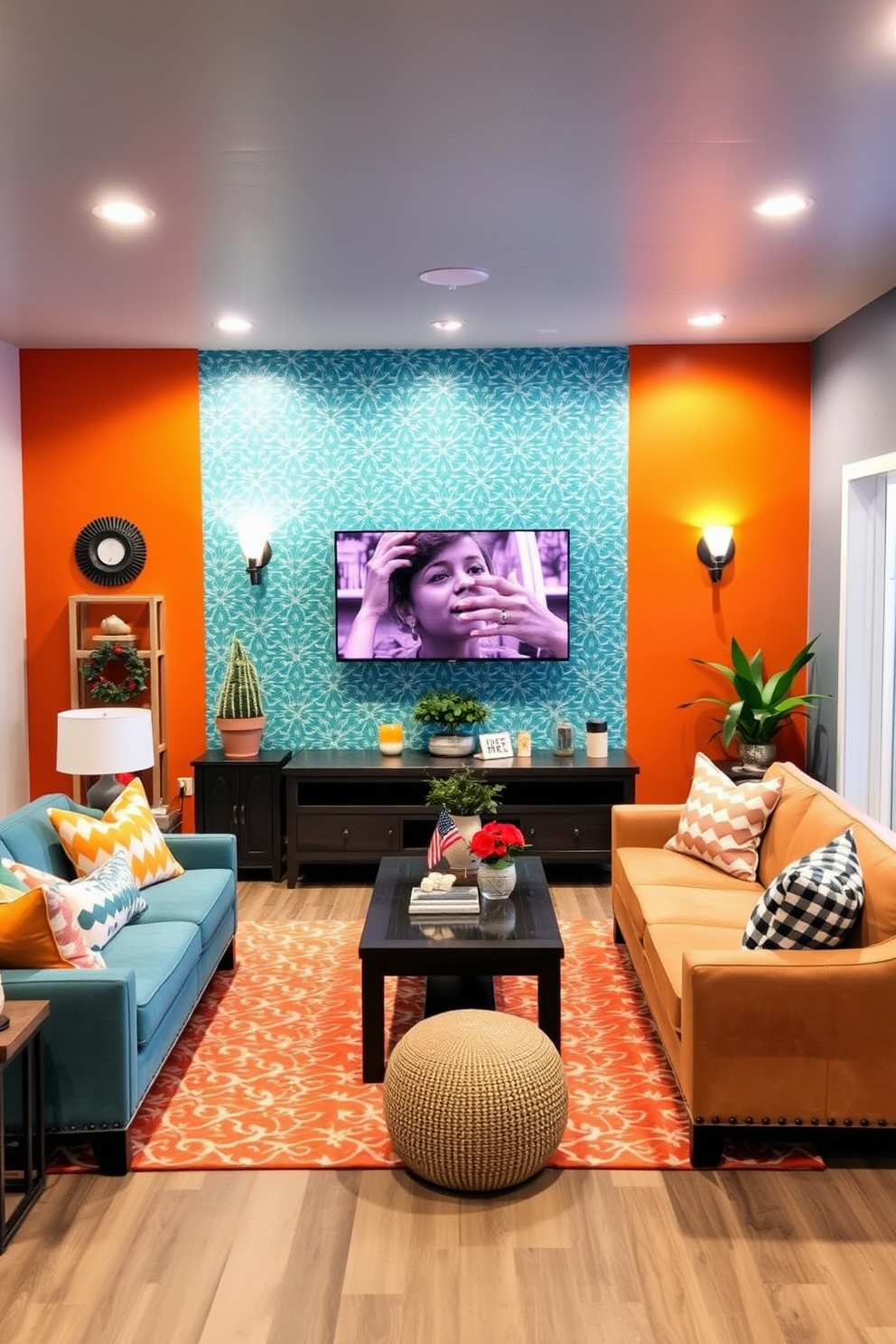 Bright accent wall with bold colors. The wall features a striking geometric pattern in shades of teal and orange, creating a vibrant focal point in the room. Labor Day basement decorating ideas. The space is transformed with cozy seating arrangements, festive decor, and ambient lighting to create an inviting atmosphere for gatherings.