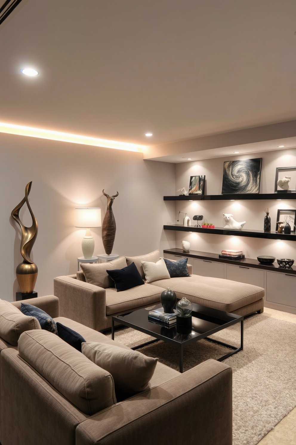 A stylish basement space featuring unique sculptures and art pieces as decor. The walls are painted in a soft gray, and ambient lighting highlights the artistic elements throughout the room. The furniture is modern and comfortable, with a plush sectional sofa and a sleek coffee table. A large abstract sculpture serves as a focal point in one corner, while smaller art pieces adorn the shelves and walls.