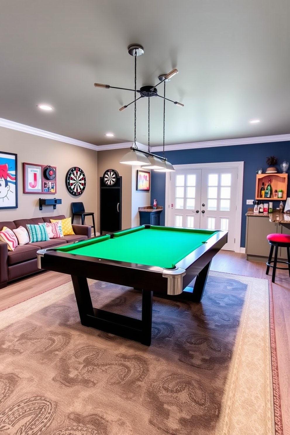 A vibrant game room featuring a sleek pool table as the centerpiece, surrounded by comfortable seating for friends and family. The walls are adorned with playful artwork and a dartboard is mounted on one side, creating an inviting atmosphere for entertainment. The basement is designed with a cozy lounge area, complete with a mini bar and soft lighting to set the mood. Decor elements include colorful cushions and a stylish rug that ties the space together, making it perfect for Labor Day gatherings.