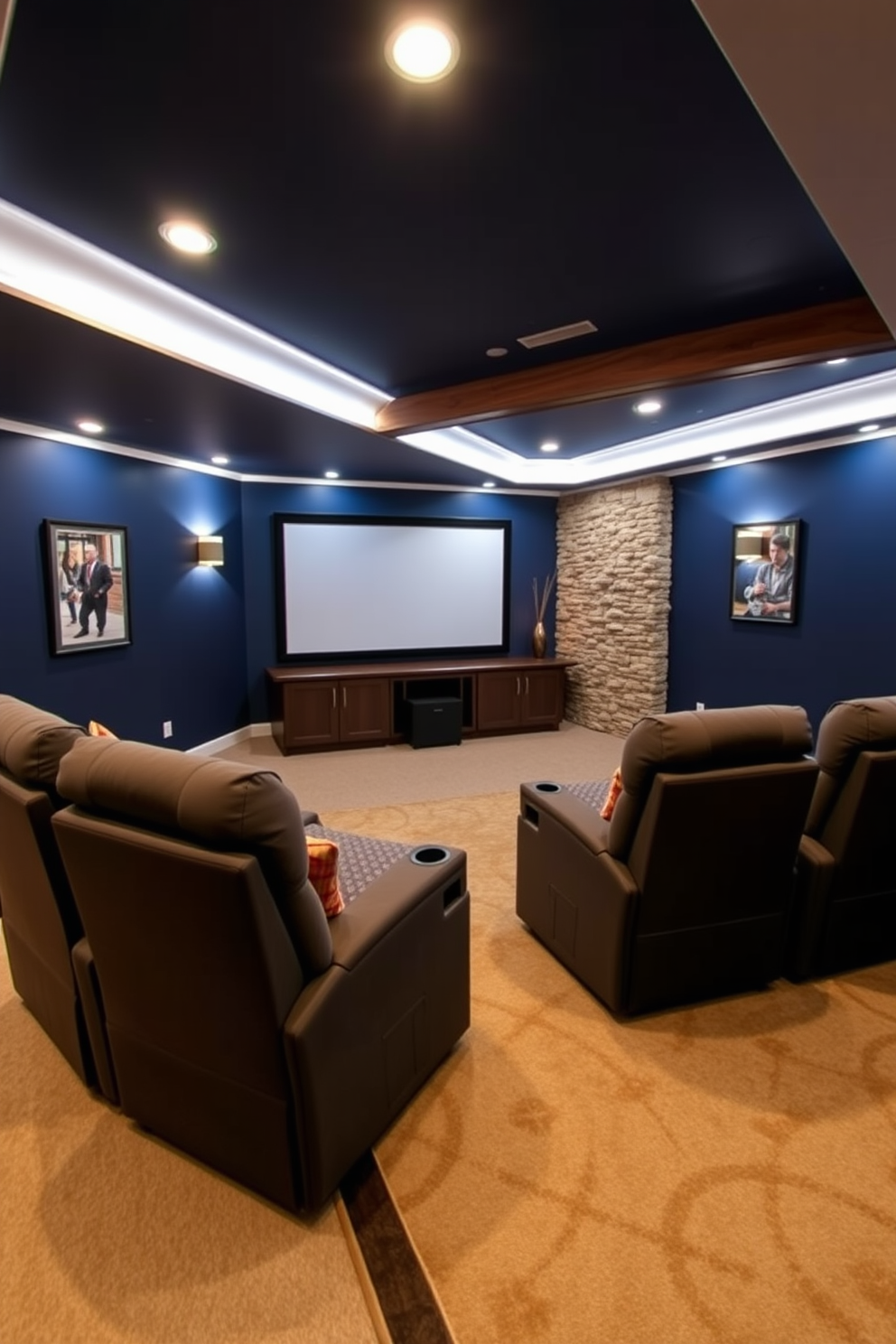 A cozy home theater featuring plush recliner chairs arranged in a semi-circle facing a large screen. The walls are painted in a deep navy blue, and soft ambient lighting creates a warm atmosphere. The basement is decorated with rustic elements, including exposed wooden beams and a stone accent wall. A large area rug anchors the seating area, and colorful throw pillows add a touch of comfort and style.