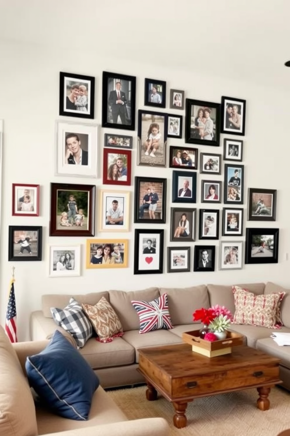 A gallery wall showcasing family photos filled with a mix of framed memories in various sizes and styles. The wall is painted in a soft white hue to enhance the visual impact of the colorful photographs. Labor Day basement decorating ideas featuring a cozy lounge area with a sectional sofa and a rustic coffee table. The space is adorned with festive decorations like red, white, and blue accents to celebrate the holiday spirit.