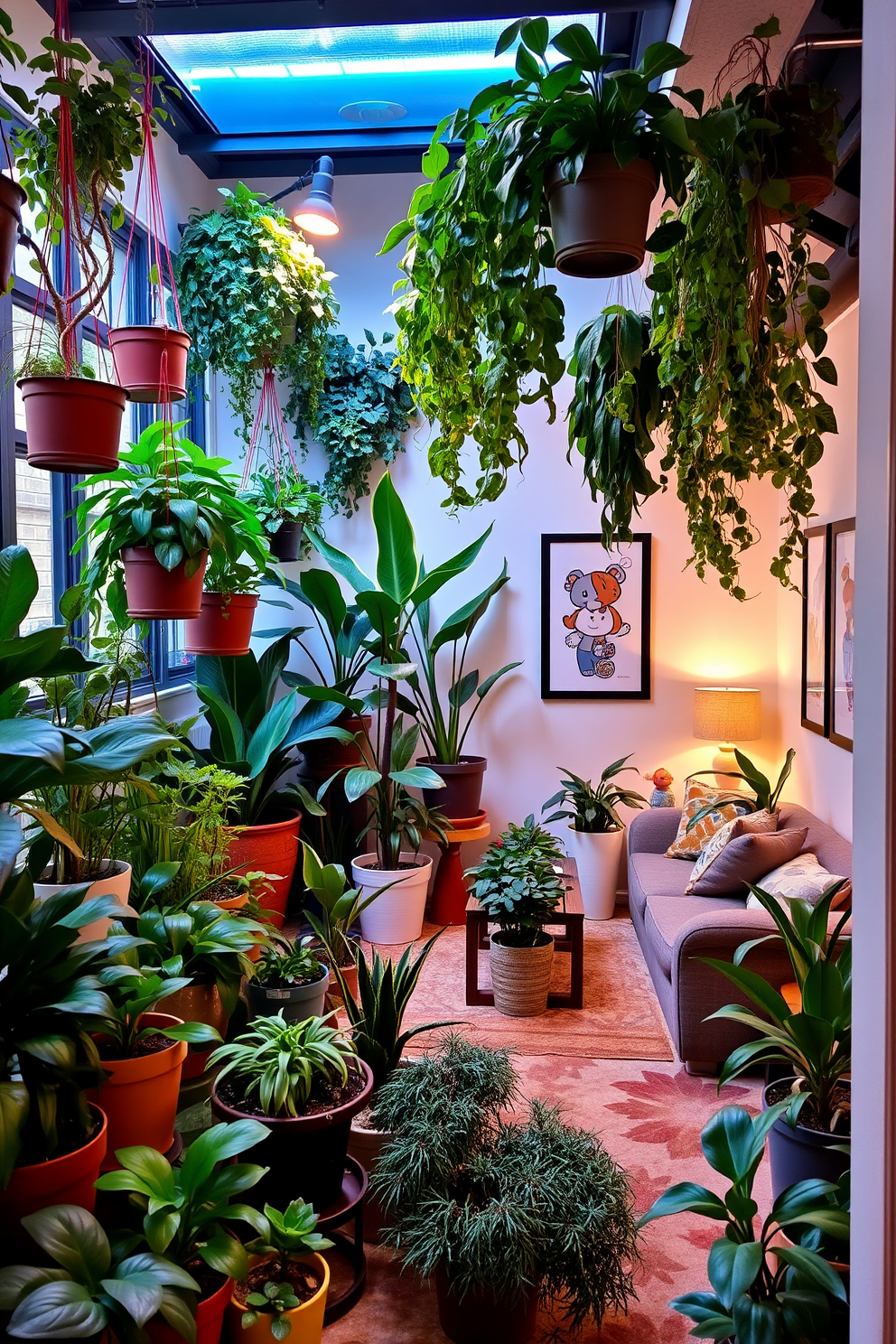 An inviting indoor garden filled with an assortment of lush potted plants. The space features a combination of hanging planters and floor pots, creating a vibrant green oasis. A stylish basement designed for relaxation and entertainment. The decor includes comfortable seating, warm lighting, and playful artwork that reflects a cozy yet modern aesthetic.