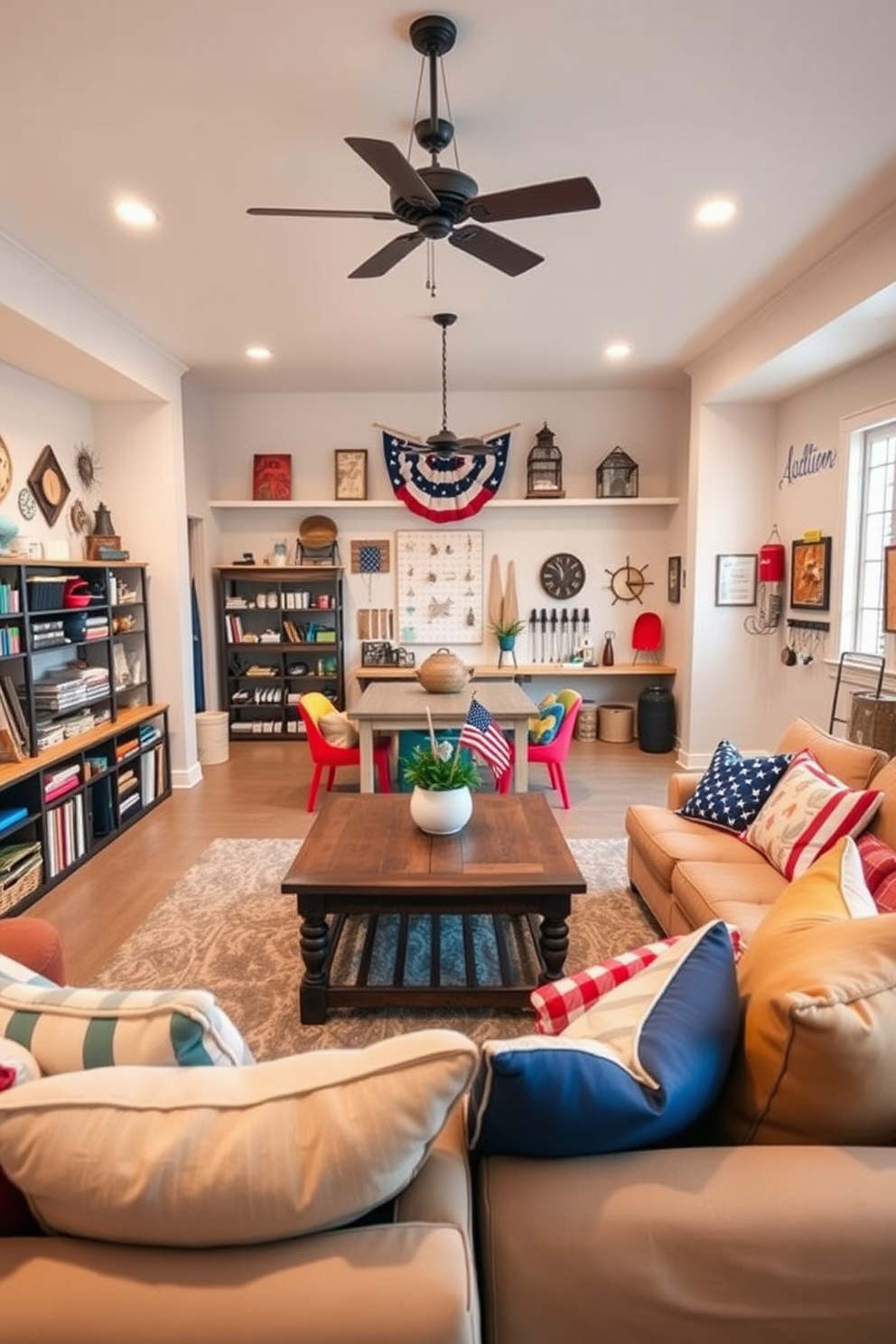 A bright and inviting multipurpose space designed for hobbies and crafts. The room features a large central table surrounded by colorful chairs, with shelves filled with art supplies and tools lining the walls. Labor Day basement decorating ideas include cozy seating arrangements with plush cushions and a rustic coffee table. Soft lighting creates a warm atmosphere, while patriotic decor elements add a festive touch to the space.