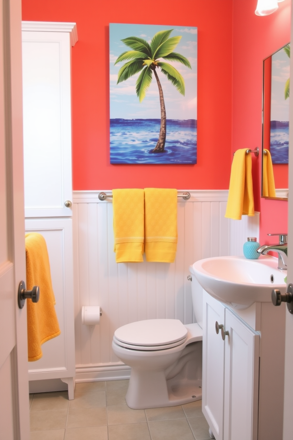 A vibrant bathroom setting featuring bright floral towels hanging on a sleek towel rack. The walls are adorned with cheerful artwork and the space is illuminated by natural light streaming through a window, creating a refreshing atmosphere.