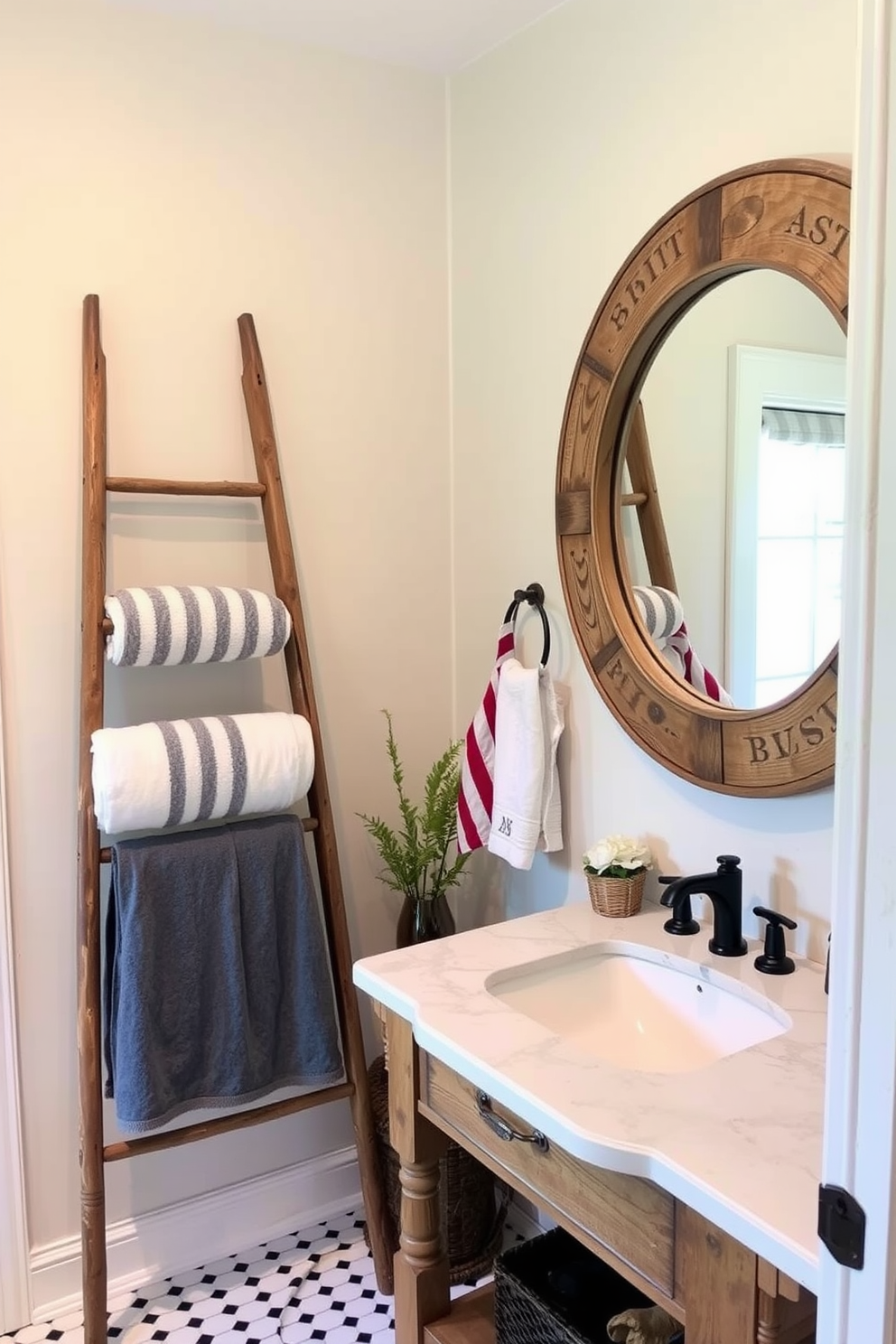 A charming Labor Day bathroom setting features a vintage wooden ladder leaning against the wall, adorned with neatly arranged towels. The space includes a rustic wooden vanity with a marble countertop, complemented by a large round mirror framed in weathered wood.