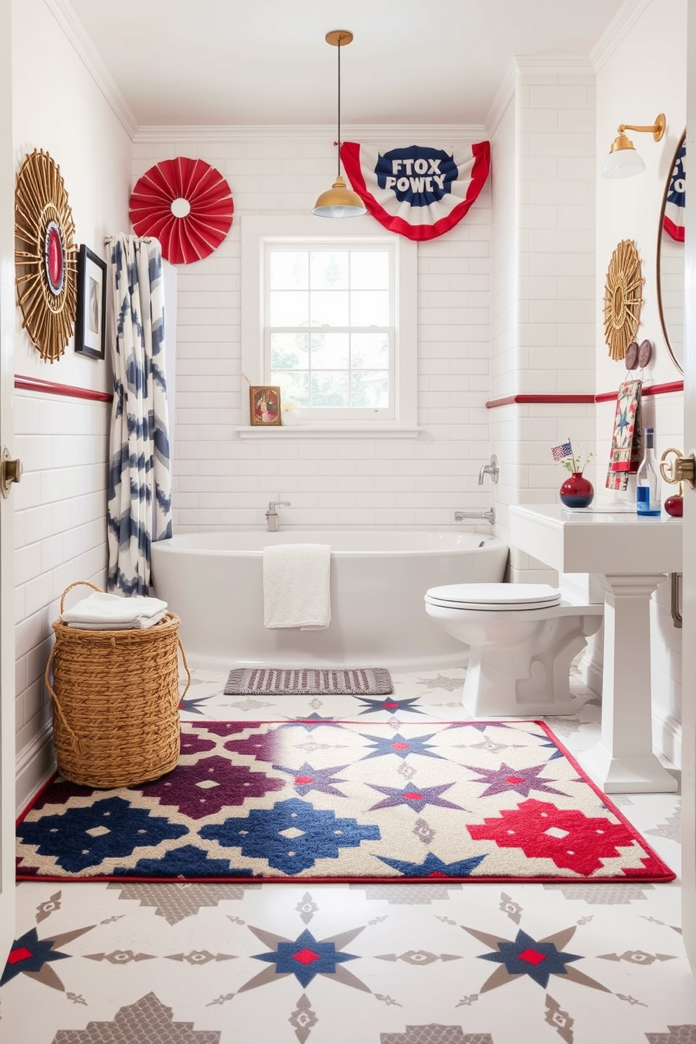 A vibrant Labor Day bathroom setting features a bold area rug with geometric patterns that contrasts beautifully against the soft white tiles. The space is adorned with decorative accents in red, white, and blue, creating a festive atmosphere that celebrates the holiday.