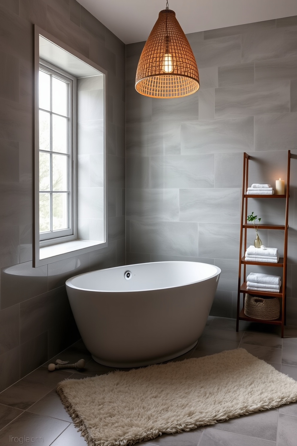 A serene bathroom oasis featuring a freestanding soaking tub positioned near a large window that lets in natural light. The walls are adorned with soft gray tiles, and a plush area rug lies beneath the tub for added comfort. A stylish wooden shelf holds neatly folded towels and decorative candles, enhancing the tranquil atmosphere. Above the tub, a unique light fixture made of woven rattan casts a warm glow, adding an organic touch to the space.