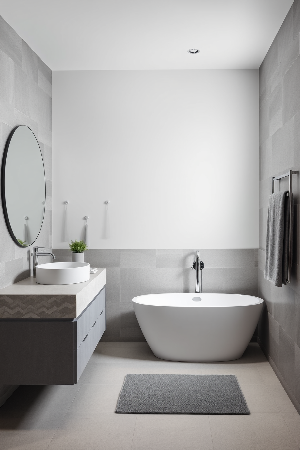 A serene bathroom design featuring a monochromatic color palette in shades of soft gray. The walls are adorned with textured gray tiles, and a sleek freestanding bathtub sits against the wall, complemented by a minimalist gray floor mat. A modern vanity with a gray stone countertop holds a round vessel sink, and above it, a large frameless mirror reflects the ambient light. Elegant gray towels are neatly displayed on a stylish rack, and a small potted plant adds a touch of greenery to the serene atmosphere.