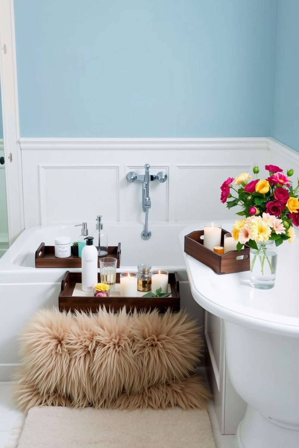 A stylish bathroom featuring decorative trays for organization. The trays are arranged on the countertop, holding various toiletries and candles, creating a serene atmosphere. The walls are painted in a soft blue hue, complemented by white wainscoting. A plush bath mat in a neutral tone sits in front of a freestanding tub, while fresh flowers add a pop of color to the space.