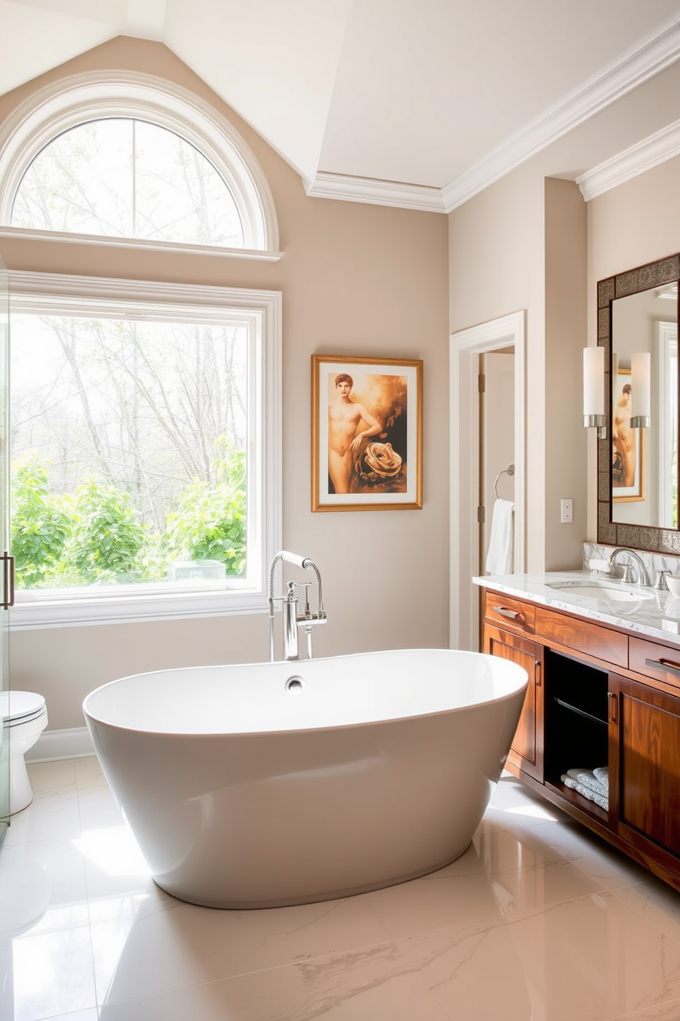 A stylish bathroom featuring a freestanding soaking tub with a brushed gold faucet. The walls are adorned with elegant wallpaper in soft gray tones, and the floor is covered with large marble tiles. A sleek double vanity with a quartz countertop showcases polished chrome fixtures. Decorative elements include a large round mirror with a metallic frame and tasteful accessories in gold and silver tones.