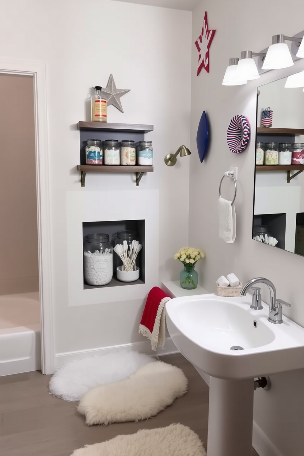 A modern bathroom featuring glass jars as storage solutions. The jars are neatly arranged on open shelves, showcasing colorful bath salts and cotton swabs for an organized and stylish look. The walls are adorned with subtle Labor Day themed decorations, incorporating red, white, and blue accents. A plush white rug lies in front of the sink, adding a touch of comfort to the overall design.