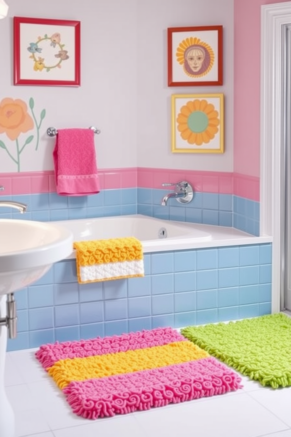 A vibrant bathroom space featuring colorful bath mats that add comfort and style. The walls are adorned with cheerful artwork, and the fixtures are polished chrome for a modern touch.