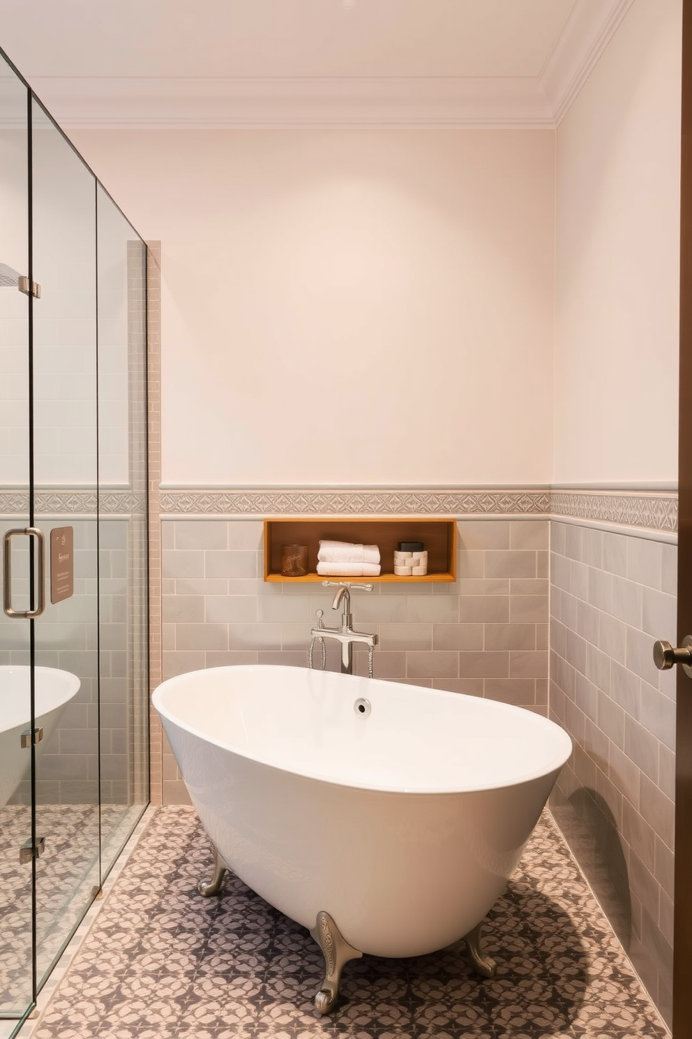 A stylish bathroom featuring patterned tiles that add visual interest to the space. The design includes a sleek freestanding bathtub with a modern faucet, complemented by a chic shower area with glass doors. The walls are adorned with soft pastel colors, creating a serene atmosphere. A wooden shelf displays neatly folded towels and decorative items, enhancing the overall aesthetic of the room.