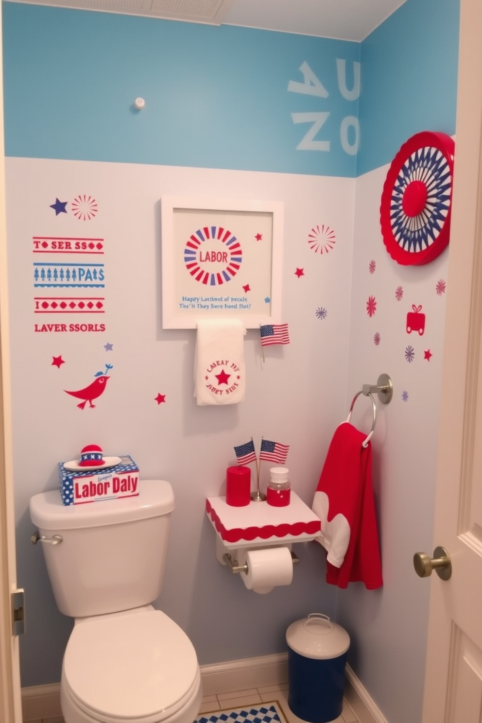 A vibrant bathroom setting featuring playful wall decals that bring a sense of fun and creativity to the space. The decals depict whimsical patterns and colorful designs, adding a lighthearted touch to the overall decor. Incorporate elements that celebrate Labor Day with themed decorations and accents. Bright red, white, and blue accessories complement the playful decals, creating a festive atmosphere perfect for the holiday.