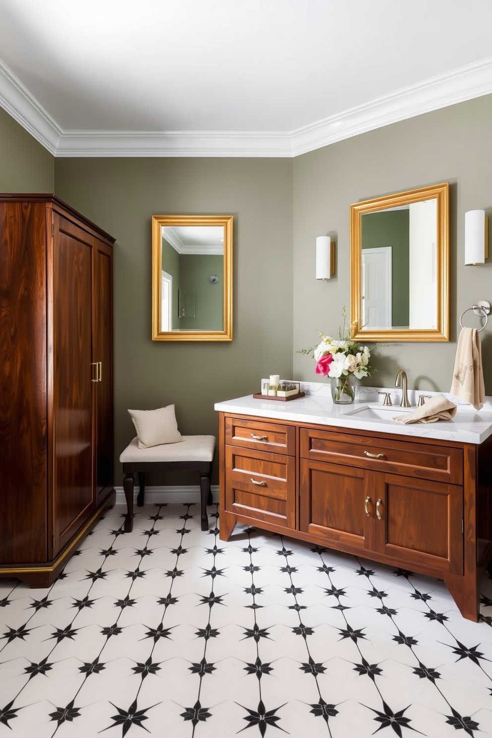 A tranquil bathroom oasis featuring a wooden vanity with a sleek marble countertop and dual sinks. Above the countertop, elegant rectangular mirrors with gold frames reflect the serene ambiance of the space. To the left of the vanity, a tall wooden cabinet provides ample storage while maintaining the room's aesthetic. The walls are painted in a soft muted green, complemented by a striking white and black patterned tile floor. Incorporate a small bench for seating, adorned with plush cushions that invite relaxation. Accentuate the decor with a decorative vase filled with fresh flowers and a beige towel elegantly draped over one of the sink faucets.