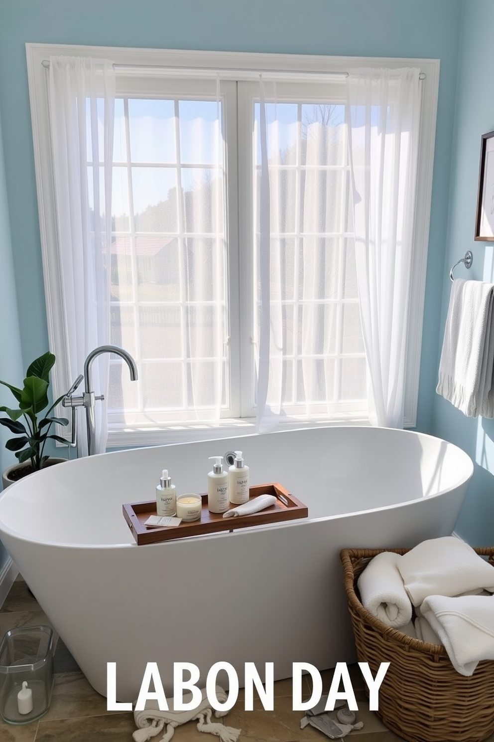 A stylish bathroom setting for Labor Day featuring a sleek freestanding bathtub with a view of a large window adorned with sheer white curtains. On the edge of the tub, arrange an assortment of high-quality bath products in elegant packaging, complemented by a small wooden tray holding a scented candle and a soft washcloth. The walls are painted in a calming light blue, and the floor is covered with natural stone tiles for a spa-like feel. Incorporate decorative elements such as a potted plant and a woven basket filled with plush towels to enhance the inviting atmosphere.