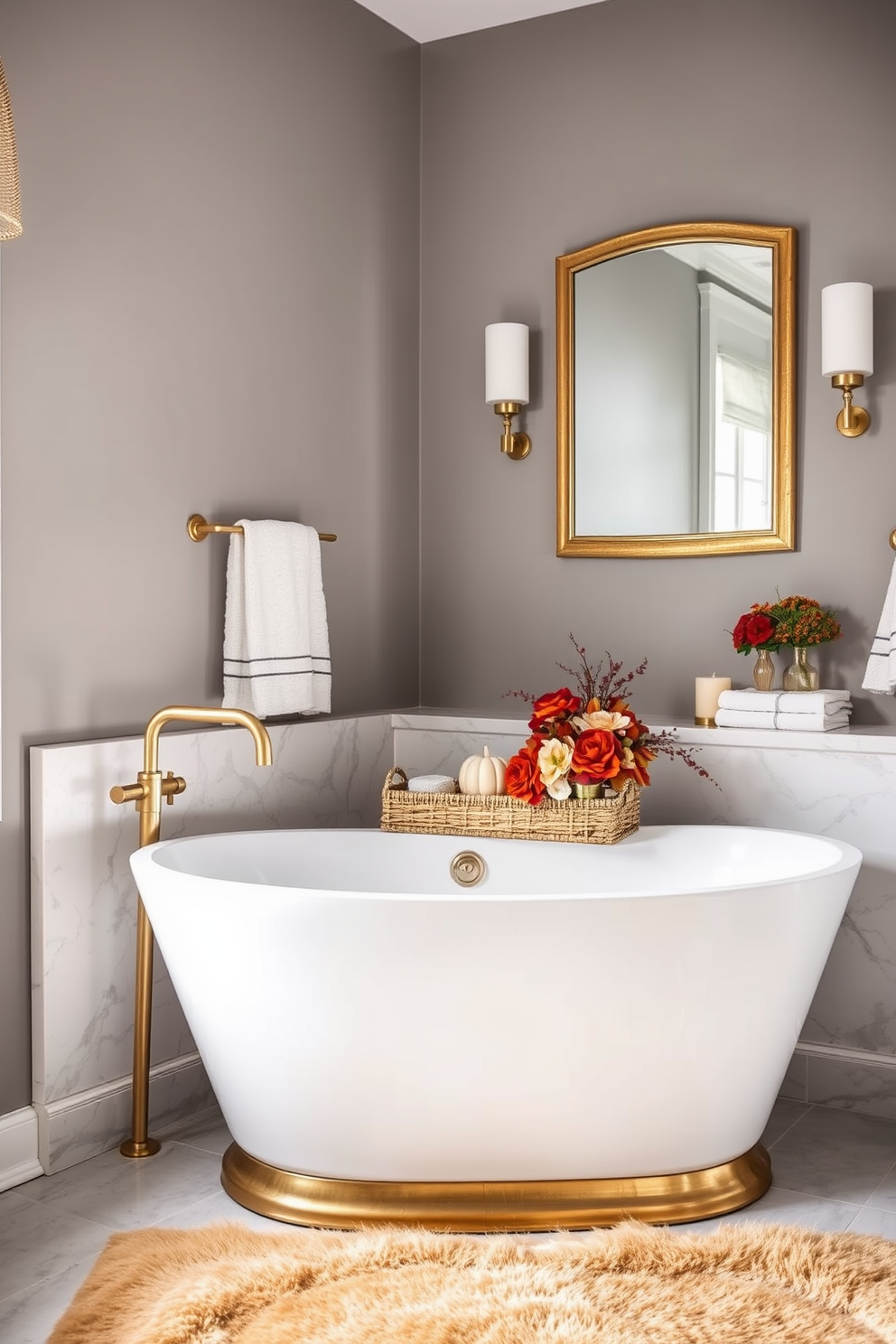 A stylish bathroom retreat features a freestanding soaking tub with a brushed gold faucet and a sleek marble surround. The walls are adorned with soft gray paint, while metallic accents like a gold-framed mirror and decorative candle holders add a touch of elegance. Incorporate Labor Day themes with seasonal decor such as a woven basket filled with fresh towels and a small arrangement of autumn flowers on the countertop. A plush rug in warm tones completes the inviting atmosphere, making it perfect for relaxation.