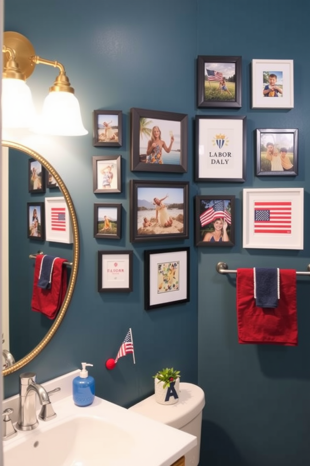 Create a stunning gallery wall featuring a mix of framed photos and art pieces that celebrate Labor Day. Incorporate vibrant colors and seasonal themes, such as red, white, and blue, to evoke a festive atmosphere in the bathroom.