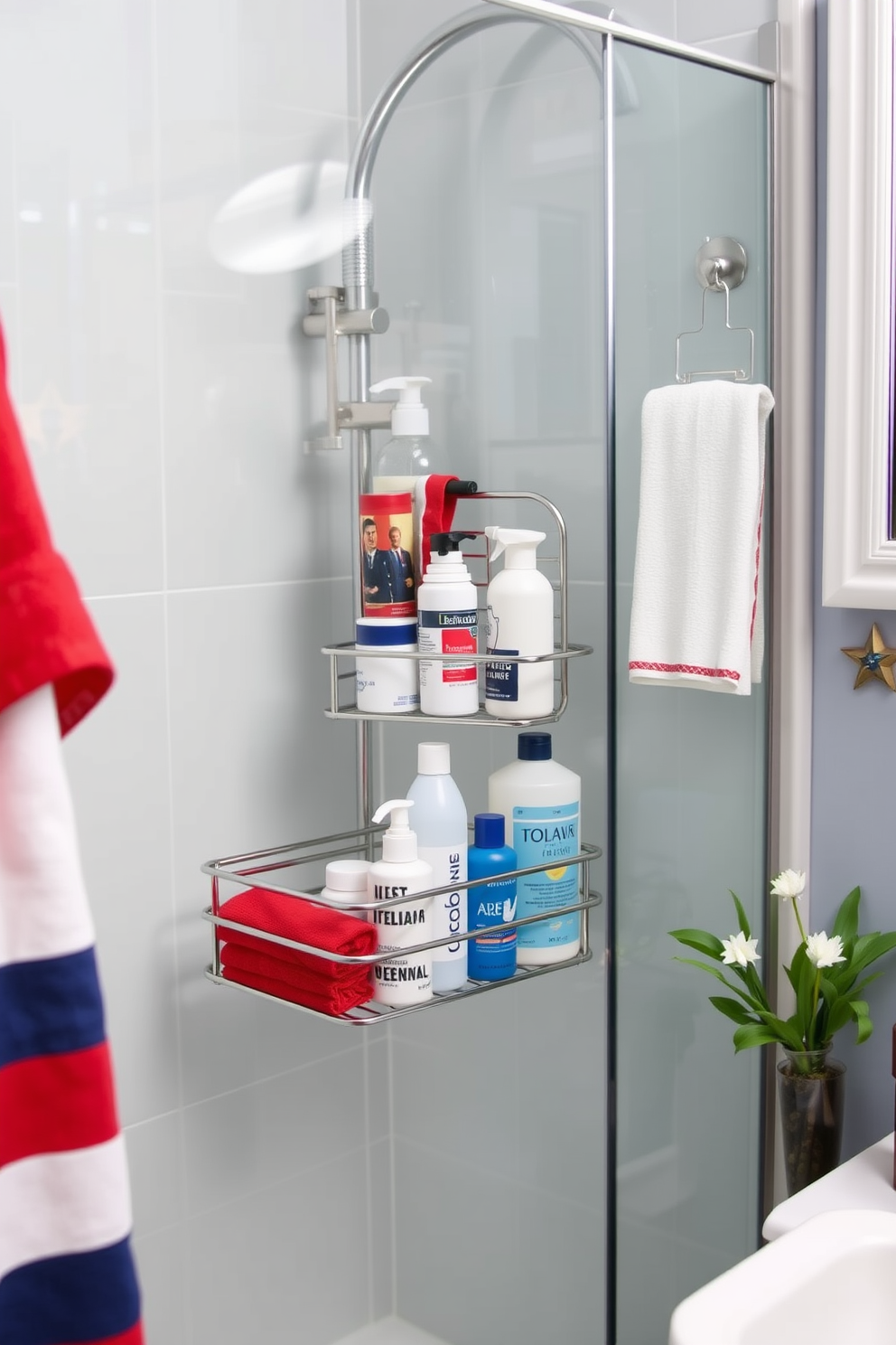 Create a Labor Day themed bathroom featuring a stylish shower caddy that organizes various toiletries and bath essentials. The caddy is made of sleek metal with a modern design, complementing the overall decor of the bathroom. Incorporate vibrant colors and seasonal decorations such as red, white, and blue towels and accessories. Add small decorative elements like stars and stripes to enhance the festive atmosphere while maintaining a sophisticated look.