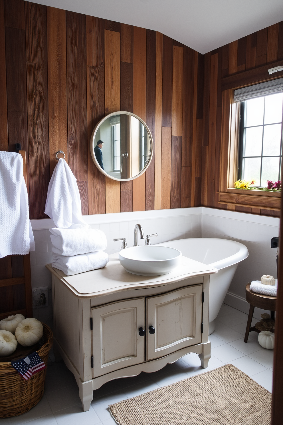 A cozy bathroom with a rustic wood accent wall that adds warmth and character to the space. The room features a freestanding soaking tub placed beneath a large window, allowing natural light to flood in. In the center, a vintage-style vanity with a distressed finish holds a round vessel sink. Soft white linens and seasonal decorations inspired by Labor Day are thoughtfully arranged to create a welcoming atmosphere.