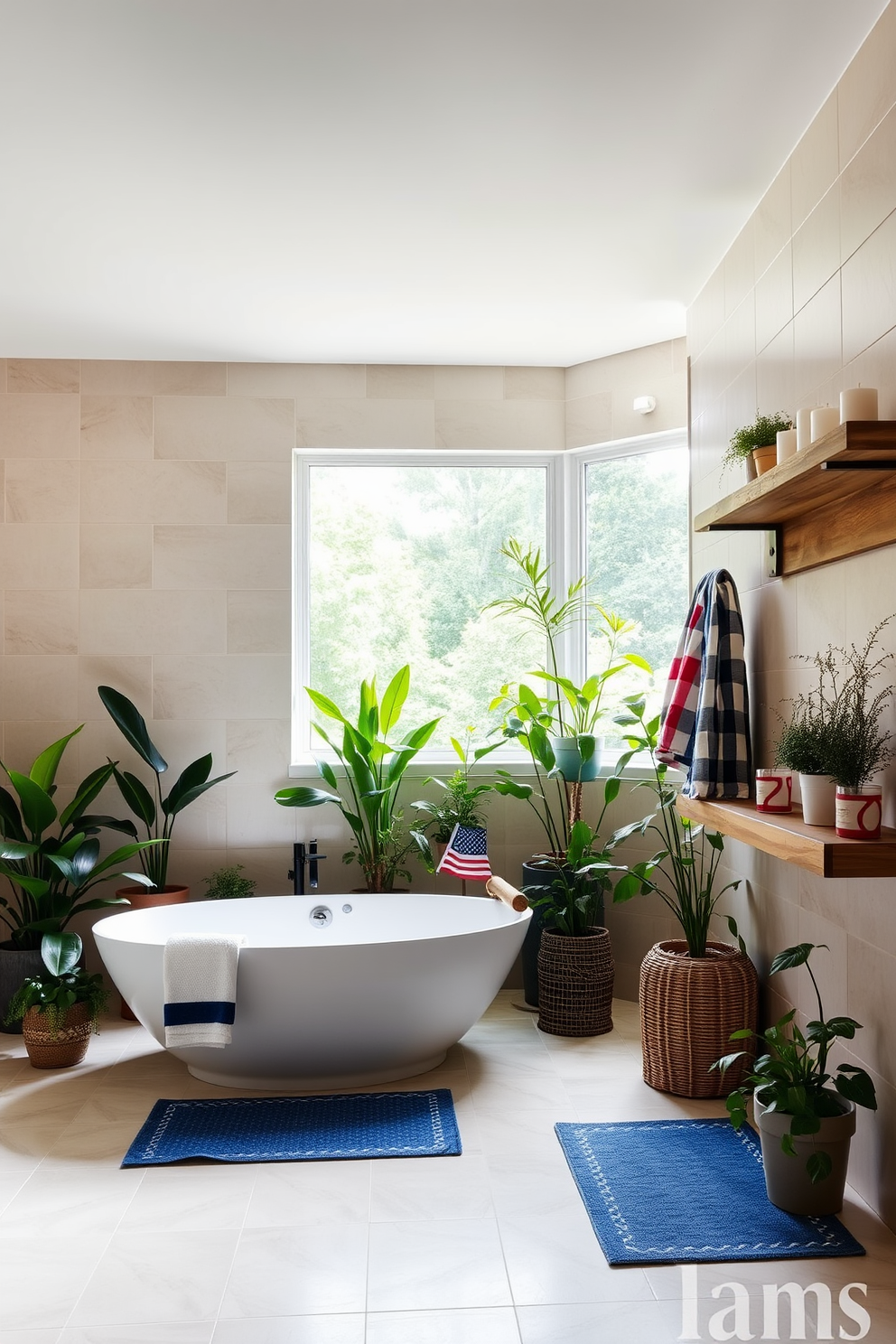 A serene bathroom oasis featuring a freestanding soaking tub surrounded by lush potted plants. The walls are adorned with soft beige tiles and a large window allows natural light to flood the space, enhancing the tranquil atmosphere. Incorporate decorative elements inspired by Labor Day, such as red, white, and blue accents in the form of towels and bath mats. A rustic wooden shelf displays candles and small potted herbs, adding a touch of freshness to the design.