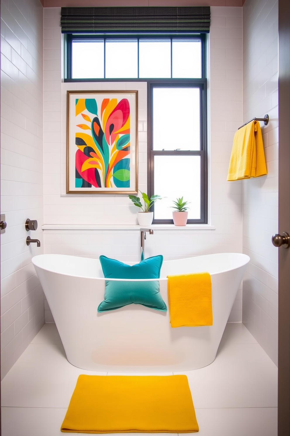 A stylish bathroom design featuring a sleek freestanding tub with a vibrant teal accent pillow placed on its edge. The walls are adorned with crisp white tiles, and colorful artwork hangs above the tub to enhance the space's character. Incorporate bright yellow towels and a matching bath mat to add a cheerful touch. A small potted plant sits on the windowsill, bringing a fresh and lively element to the overall decor.