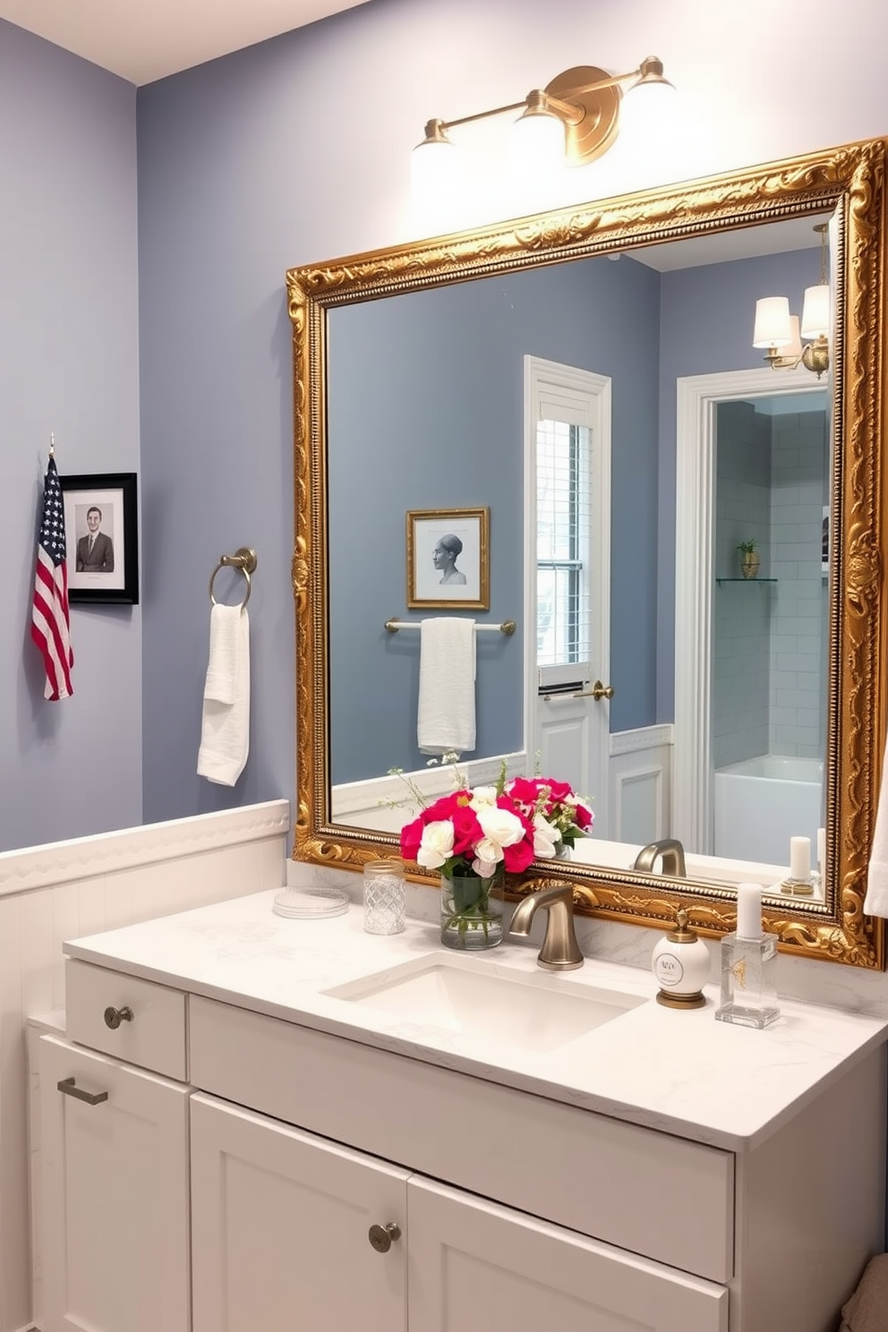 A serene bathroom retreat designed for relaxation. The space features a freestanding soaking tub surrounded by soft white linen curtains that gently filter natural light. The walls are painted in a calming light blue, complemented by a rustic wooden shelving unit displaying neatly arranged scented candles. Elegant bath accessories in neutral tones add a touch of sophistication to the overall decor.