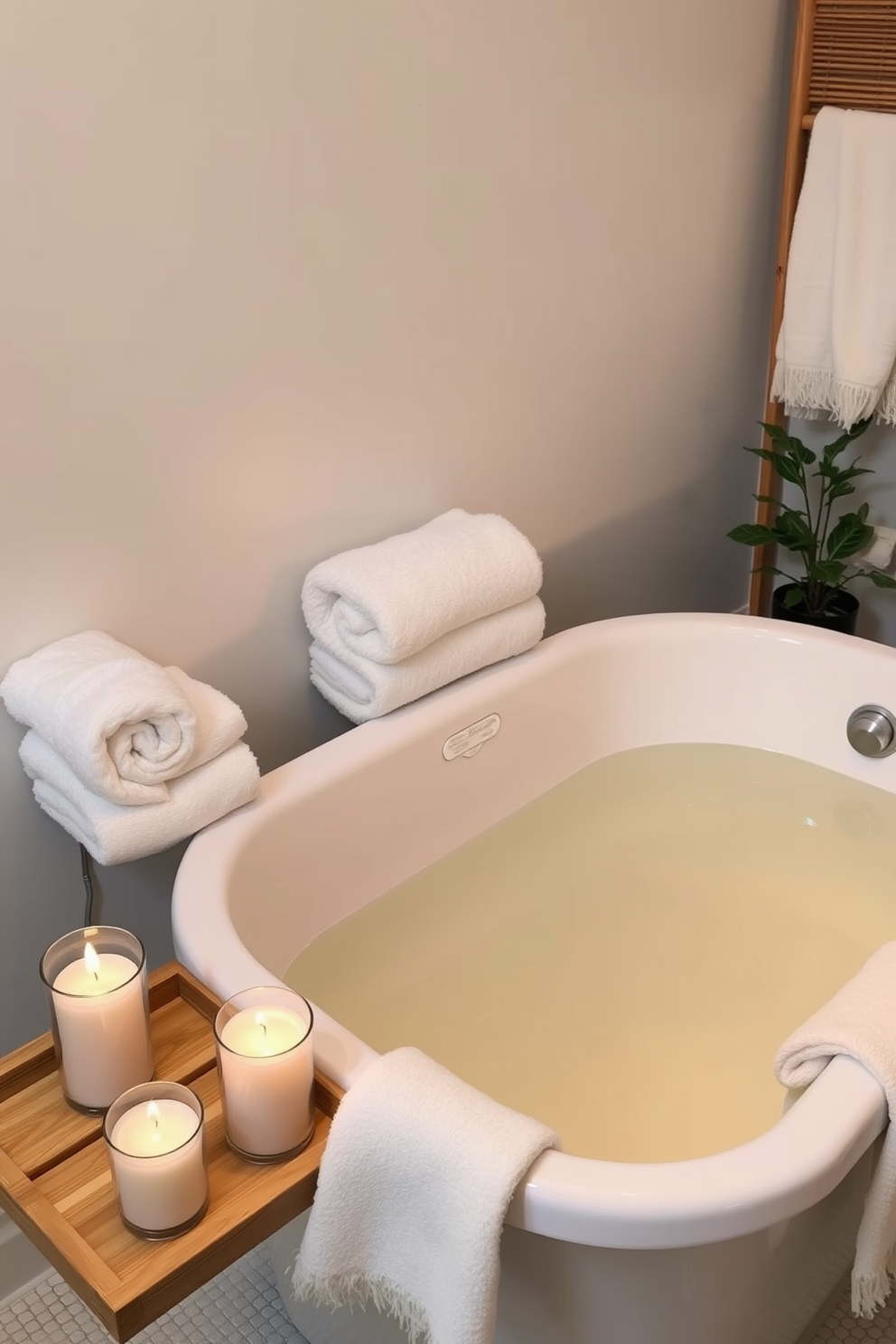 Create a spa-like atmosphere with soft lighting and the soothing scent of essential oils. Incorporate an array of candles in varying heights placed on a wooden tray next to a freestanding bathtub filled with warm water. Use natural materials like bamboo and stone to enhance the calming vibe. Add plush towels and a small indoor plant to complete the serene and inviting space.