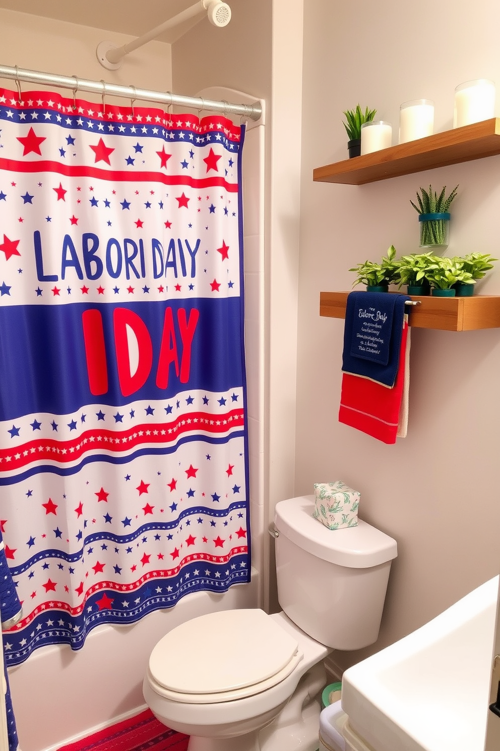 Create a vibrant bathroom space that celebrates Labor Day. The focal point is a fun shower curtain featuring a festive design with red, white, and blue colors, complemented by playful patterns of stars and stripes. Add a modern white bathtub surrounded by colorful bath accessories that echo the holiday theme. Incorporate a wooden shelf above the toilet to display decorative items like candles and small potted plants for a touch of greenery.