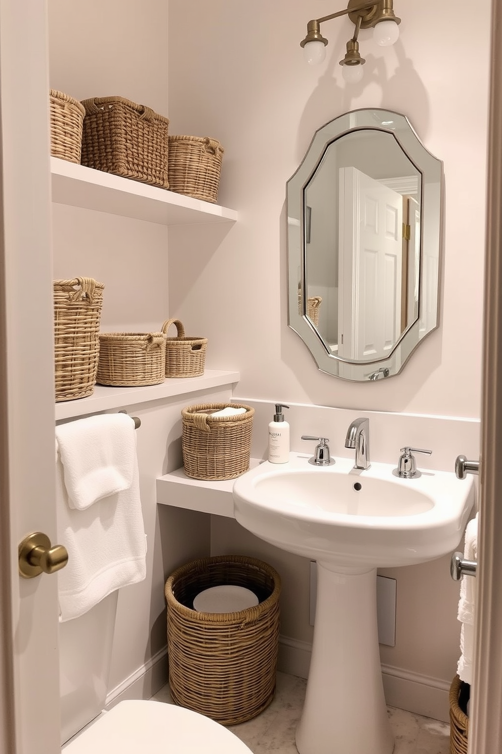 A stylish bathroom featuring decorative storage baskets in various sizes and textures. The baskets are arranged neatly on open shelves, adding both functionality and charm to the space. Soft, neutral colors dominate the walls, creating a calming atmosphere that complements the decorative elements. A chic mirror above the sink reflects the beauty of the baskets, enhancing the overall aesthetic of the bathroom.