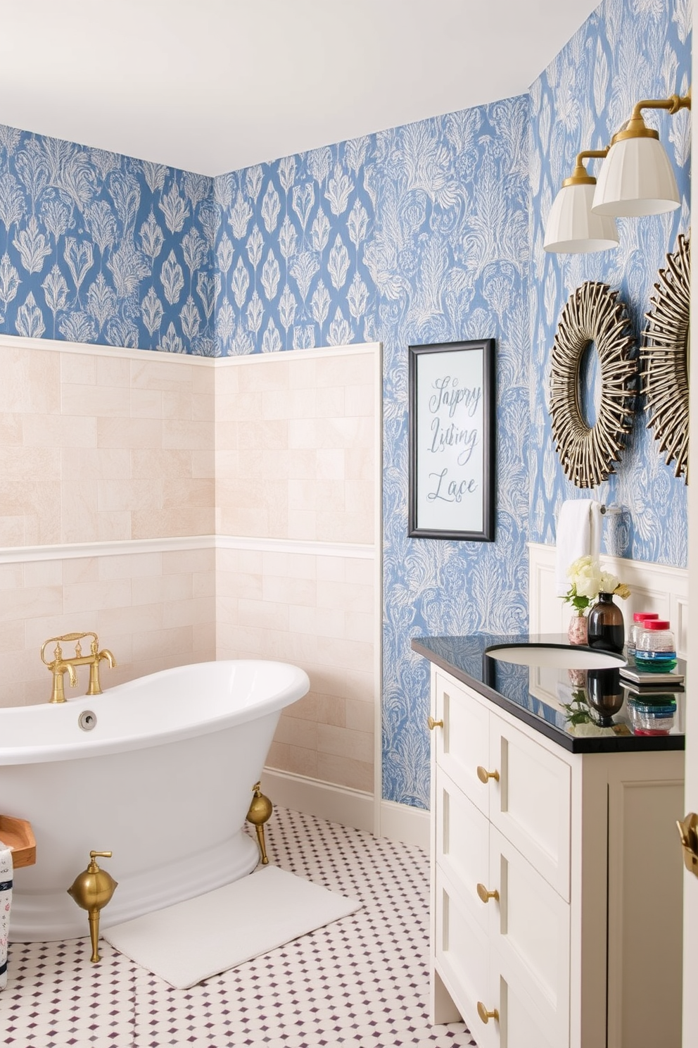 A charming vintage vanity with intricate woodwork sits in the center of the bathroom. The vanity is paired with a classic porcelain sink and a polished brass faucet that adds an elegant touch. The walls are adorned with soft pastel wallpaper featuring delicate floral patterns. A large antique mirror hangs above the vanity, reflecting the warm glow of a stylish chandelier overhead. To enhance the Labor Day theme, a small bouquet of seasonal flowers is placed in a rustic vase on the countertop. Plush towels in coordinating colors are neatly arranged on a vintage ladder leaning against the wall.