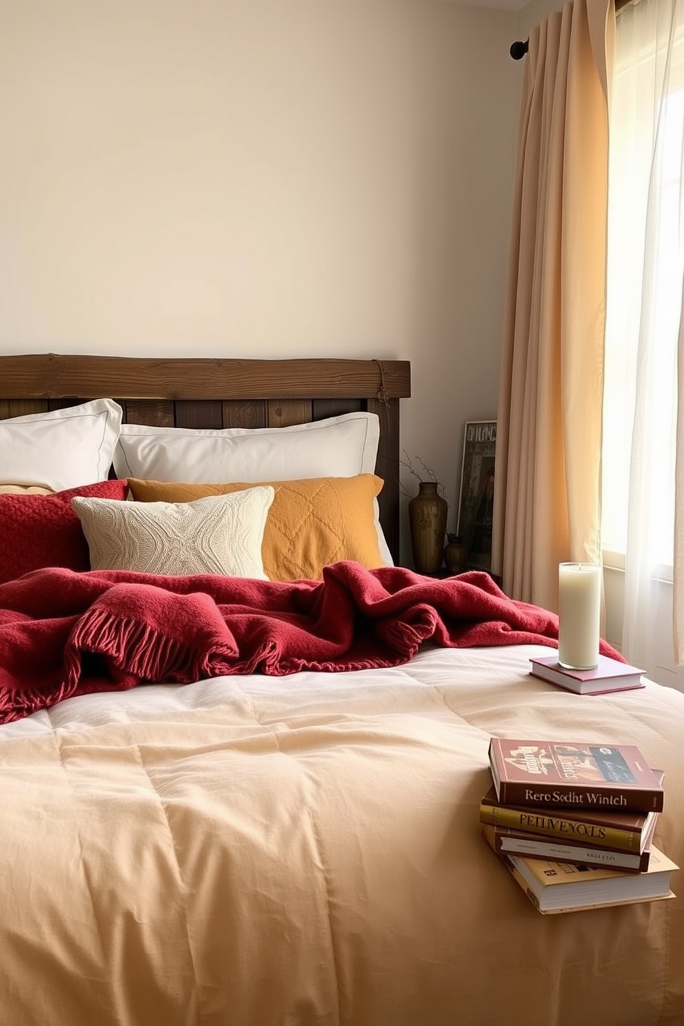 A cozy bedroom scene featuring a plush bed adorned with soft blankets in warm autumn hues like burnt orange, deep red, and mustard yellow. The walls are painted in a soft cream color, and a rustic wooden headboard adds a touch of charm. On the bedside table, a stack of books is topped with a scented candle, creating a warm and inviting atmosphere. A large window allows natural light to filter in, with sheer curtains gently blowing in the breeze.