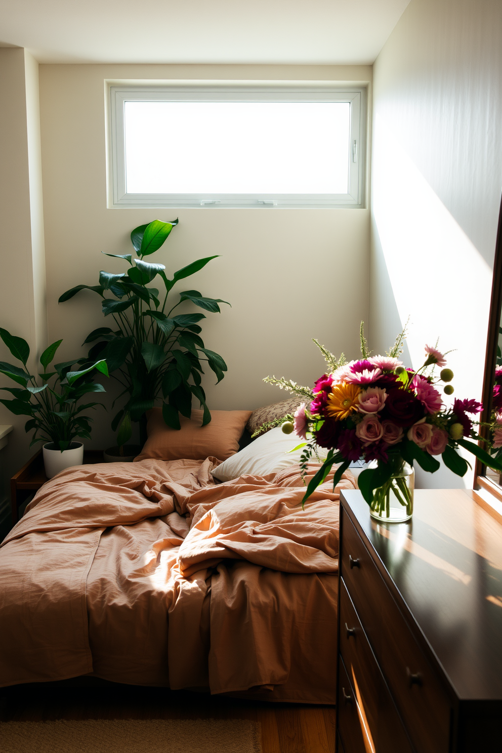 A serene bedroom setting that incorporates natural elements such as lush green plants and vibrant flowers. The room features a large window allowing natural light to flood in, with a cozy bed adorned with soft linens in earthy tones. On the bedside tables, there are potted plants that add a touch of greenery, while a beautiful floral arrangement sits in a vase on the dresser. The walls are painted in a soothing neutral color, creating a calming atmosphere perfect for relaxation.