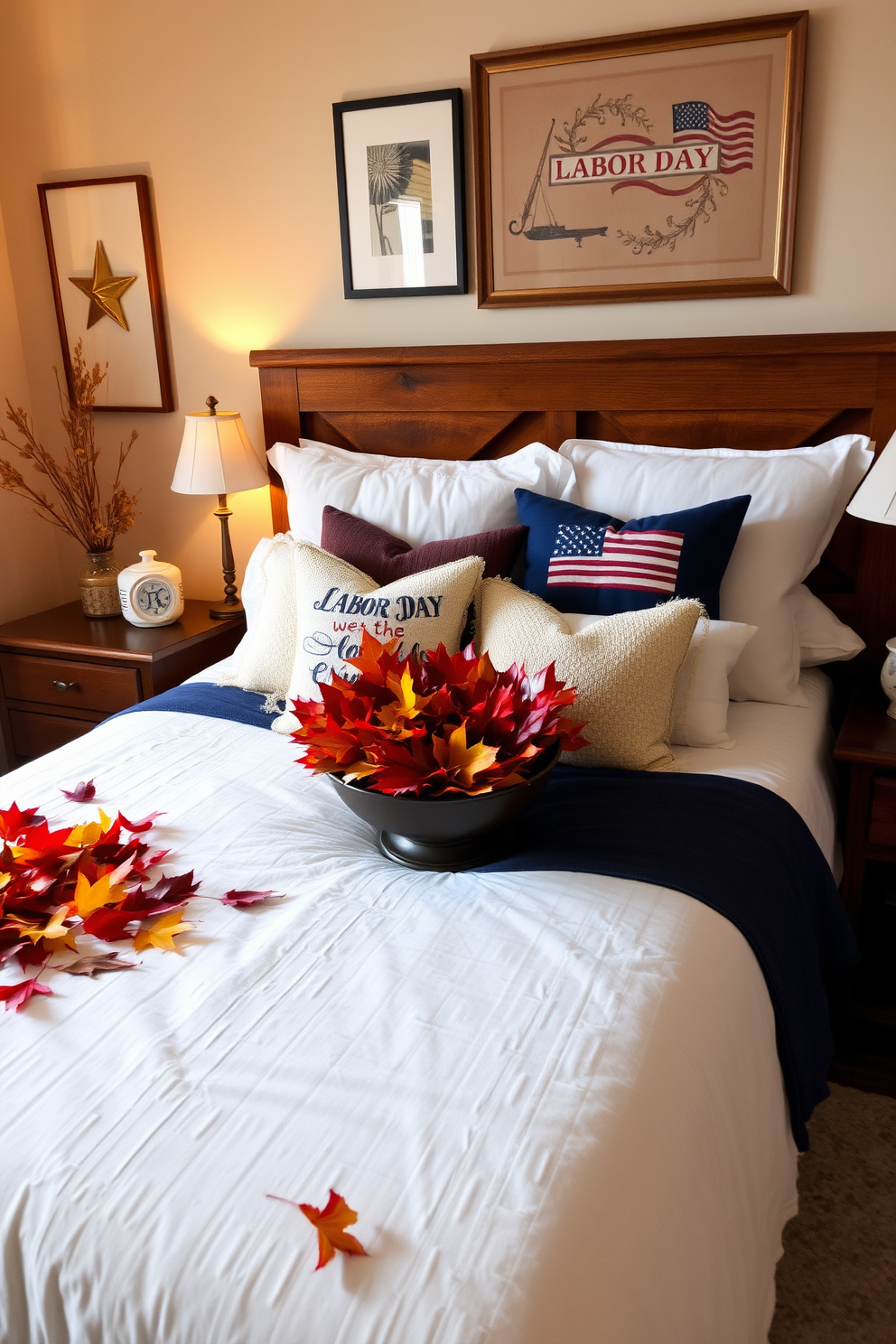 A cozy bedroom adorned with seasonal decor featuring vibrant autumn leaves scattered across the bedspread and arranged in a decorative bowl on the nightstand. Soft golden lighting enhances the warm tones of the room, creating a welcoming atmosphere perfect for relaxation. The bedroom is styled with Labor Day themes, incorporating subtle red, white, and blue accents in the throw pillows and wall art. A rustic wooden headboard complements the overall design, while a plush area rug adds comfort underfoot.