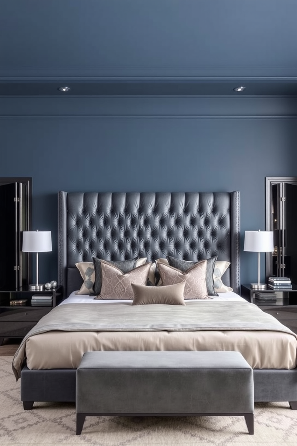 A dramatic bedroom featuring a statement headboard upholstered in rich velvet fabric. The headboard is oversized and intricately tufted, serving as the focal point of the room's elegant design. The color palette includes deep blues and soft grays, creating a serene yet sophisticated atmosphere. Flanking the bed are stylish nightstands with modern lamps that add a touch of contemporary flair.