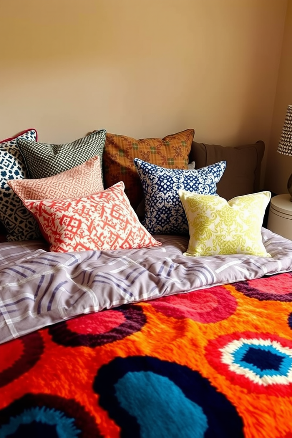 A cozy bedroom setting adorned with seasonal decorative pillows in shades of red, white, and blue to celebrate Labor Day. The bed features a plush comforter with a subtle pattern, and the pillows add a festive touch, inviting relaxation and comfort. On the nightstands, small American flag accents complement the decor, while a vintage lamp casts a warm glow across the room. The walls are painted in a soft beige, providing a neutral backdrop that enhances the vibrant colors of the pillows.