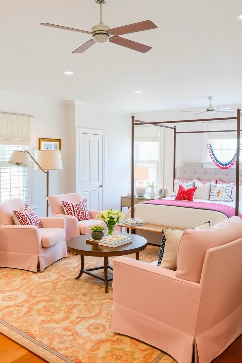 A cozy seating area featuring plush armchairs in soft pastel colors arranged around a round coffee table. A large area rug anchors the space, and a floor lamp with a warm glow stands beside one of the chairs. A serene bedroom designed for Labor Day celebrations with light, airy linens in red, white, and blue hues. The bed is adorned with decorative pillows, and a small seating nook by the window invites relaxation.