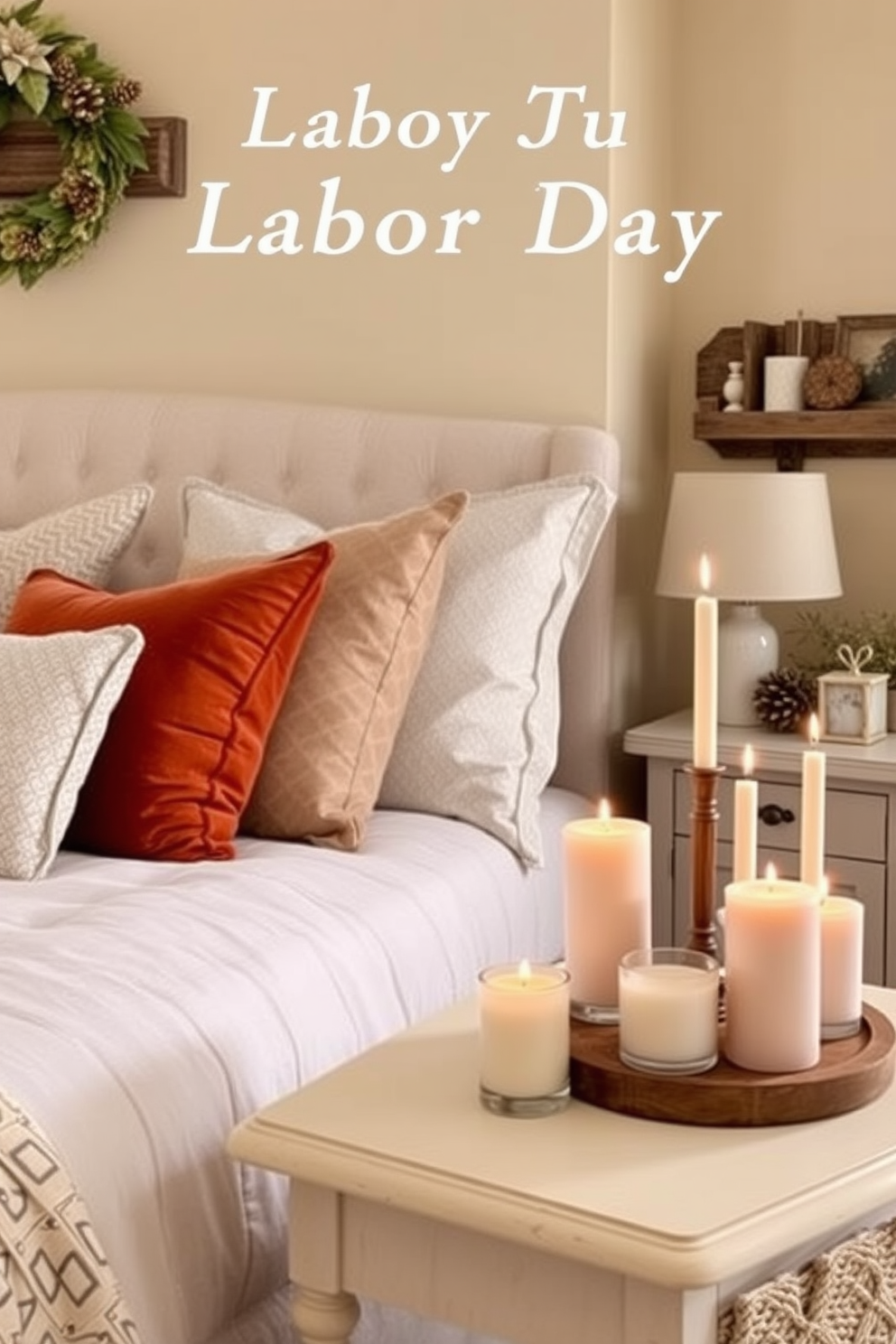 A cozy bedroom setting designed for Labor Day. The room features a plush bed adorned with soft, textured linens and throw pillows in warm autumn colors. On the bedside table, an array of scented candles in various heights create a relaxing atmosphere. The walls are painted in a soft beige, complemented by rustic wooden accents and seasonal decorations.