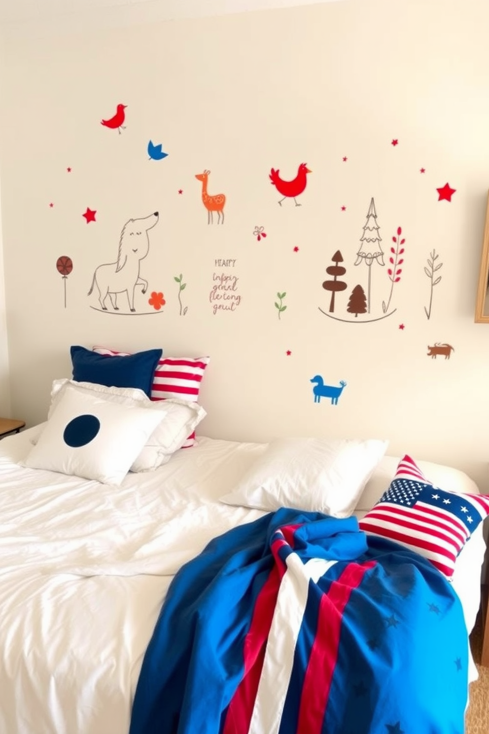 Artistic wall decals featuring whimsical designs of animals and nature create a playful vibe in the bedroom. The decals are applied to a soft pastel-colored wall, complementing the cozy bedding and playful accessories. Labor Day bedroom decorating ideas include incorporating red, white, and blue accents throughout the space. A festive throw blanket and decorative pillows can enhance the holiday spirit while maintaining a stylish and comfortable atmosphere.