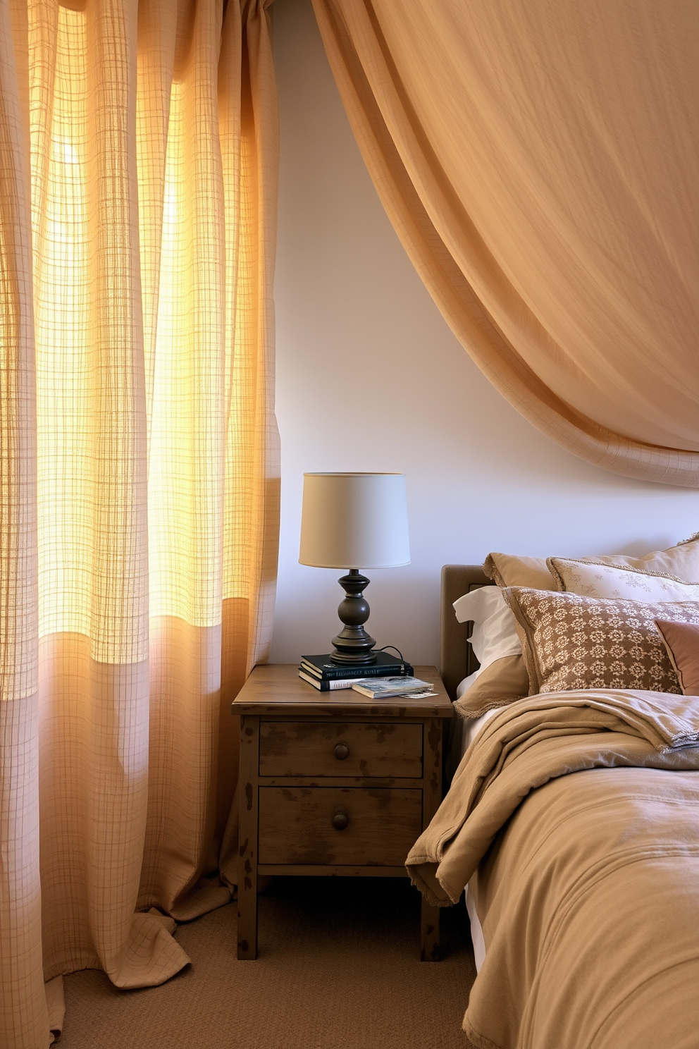 A cozy bedroom adorned with textured curtains that add warmth and depth to the space. The curtains are a soft beige fabric, gently flowing to the floor, complementing the overall color palette of the room. The bed is dressed in plush bedding with a mix of patterns and textures, creating a welcoming atmosphere. A rustic wooden nightstand sits beside the bed, topped with a stylish lamp and a small stack of books for a personal touch.