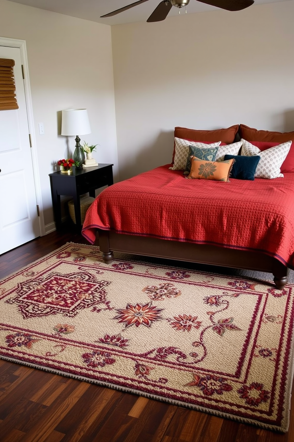 A cozy bedroom featuring layered rugs that add depth and comfort to the space. The base rug is a large neutral tone while a smaller, patterned rug is placed on top, creating a warm and inviting atmosphere. The bedding is styled in rich autumn colors, reflecting the spirit of Labor Day. Decorative pillows in various textures and patterns enhance the overall design, making the bedroom a perfect retreat.